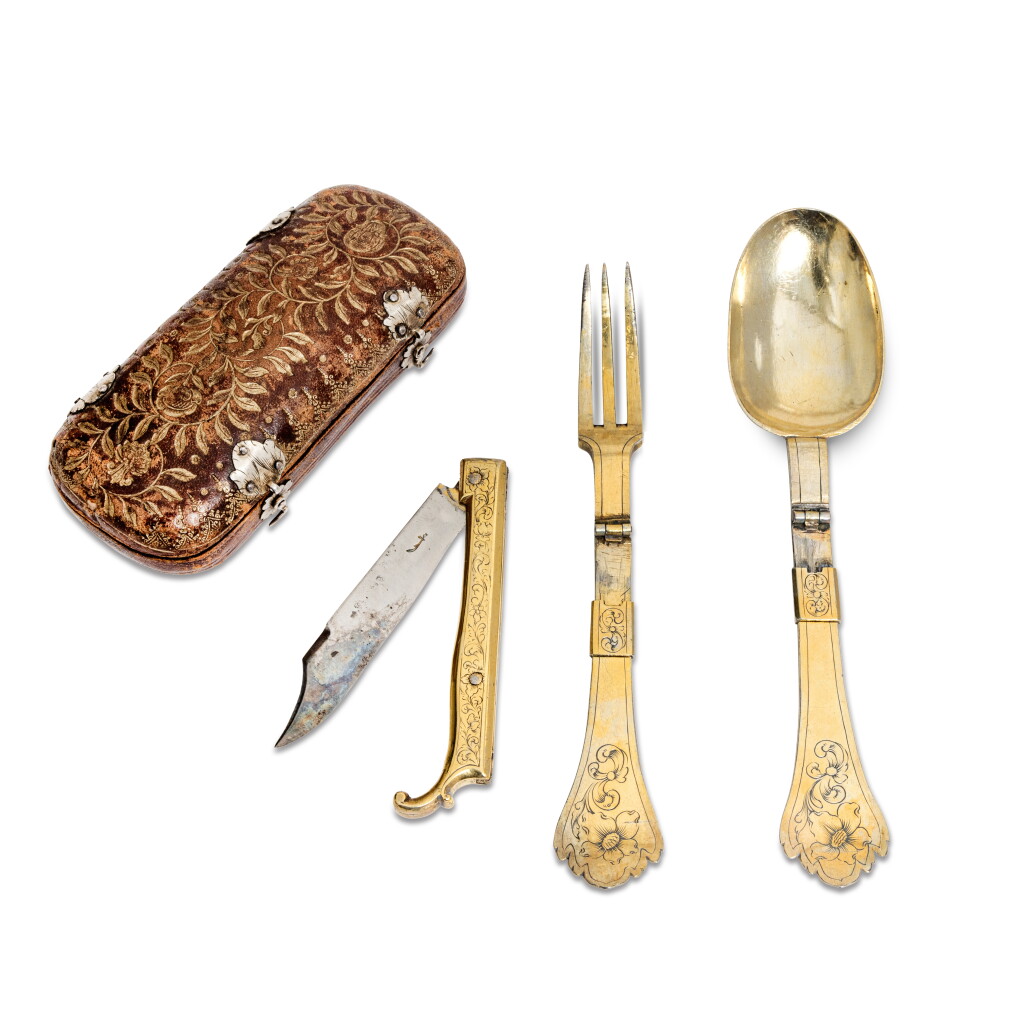 View full screen - View 1 of Lot 95. A Swiss Silver-Gilt Travelling Canteen in Leather Case, Johann Jakob Biermann the Elder, Basel, Circa 1670.