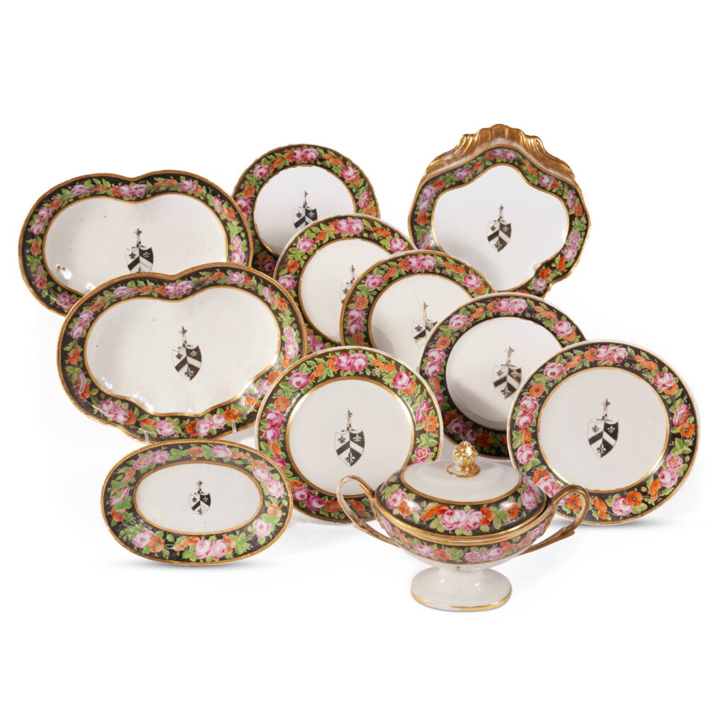 View full screen - View 1 of Lot 65. A Chinese Export Famille-Rose Armorial Part Dinner Service, Qing Dynasty, Jiaqing Period, Circa 1815 | 清嘉慶 約1815年 粉彩紋章圖餐具一組.