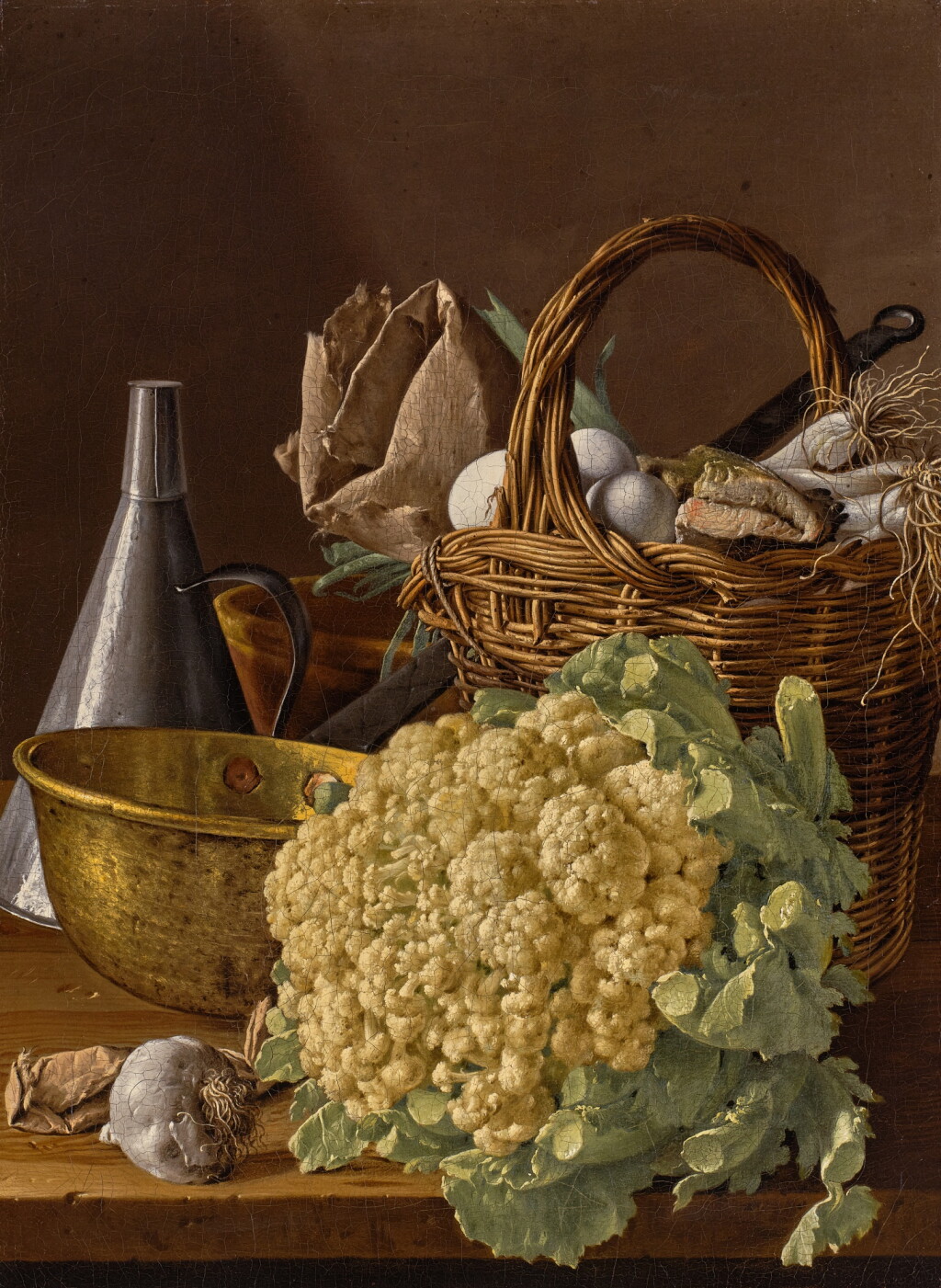 View full screen - View 1 of Lot 39. Still Life with a Cauliflower, a Basket with Eggs, Leeks, and Fish, and Assorted Kitchen Utensils.