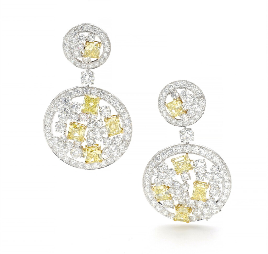 View full screen - View 1 of Lot 6. GRAFF | PAIR OF FANCY INTENSE YELLOW DIAMOND PENDENT EAR CLIPS.