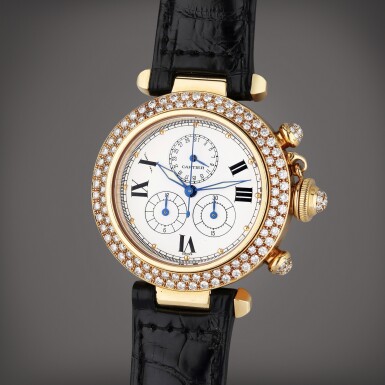 View full screen - View 1 of Lot 84. Reference 1353 1 Pasha | A yellow gold and diamond-set chronograph wristwatch with date, Circa 1995.