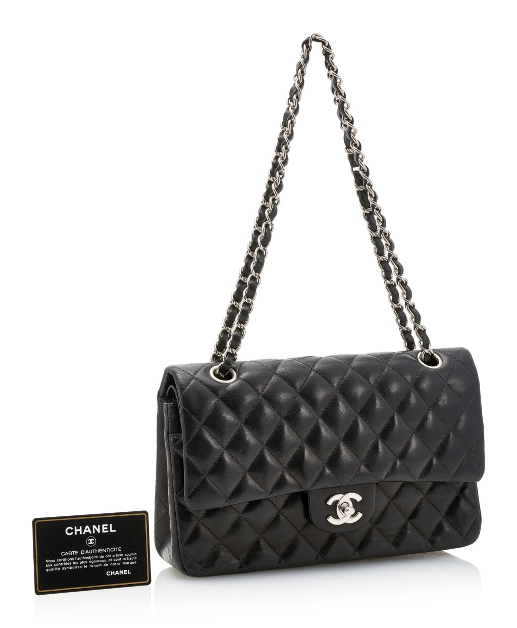 View full screen - View 1 of Lot 152. BLACK AND BORDEAUX LEATHER WITH SILVER-TONE METAL CLASSIC HANDBAG, CHANEL.