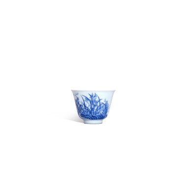 View full screen - View 1 of Lot 3346. A blue and white 'orchard' month cup, Qing dynasty, Guangxu period | 清光緒 青花蘭月花神杯 《大清康熙年製》寄託款.