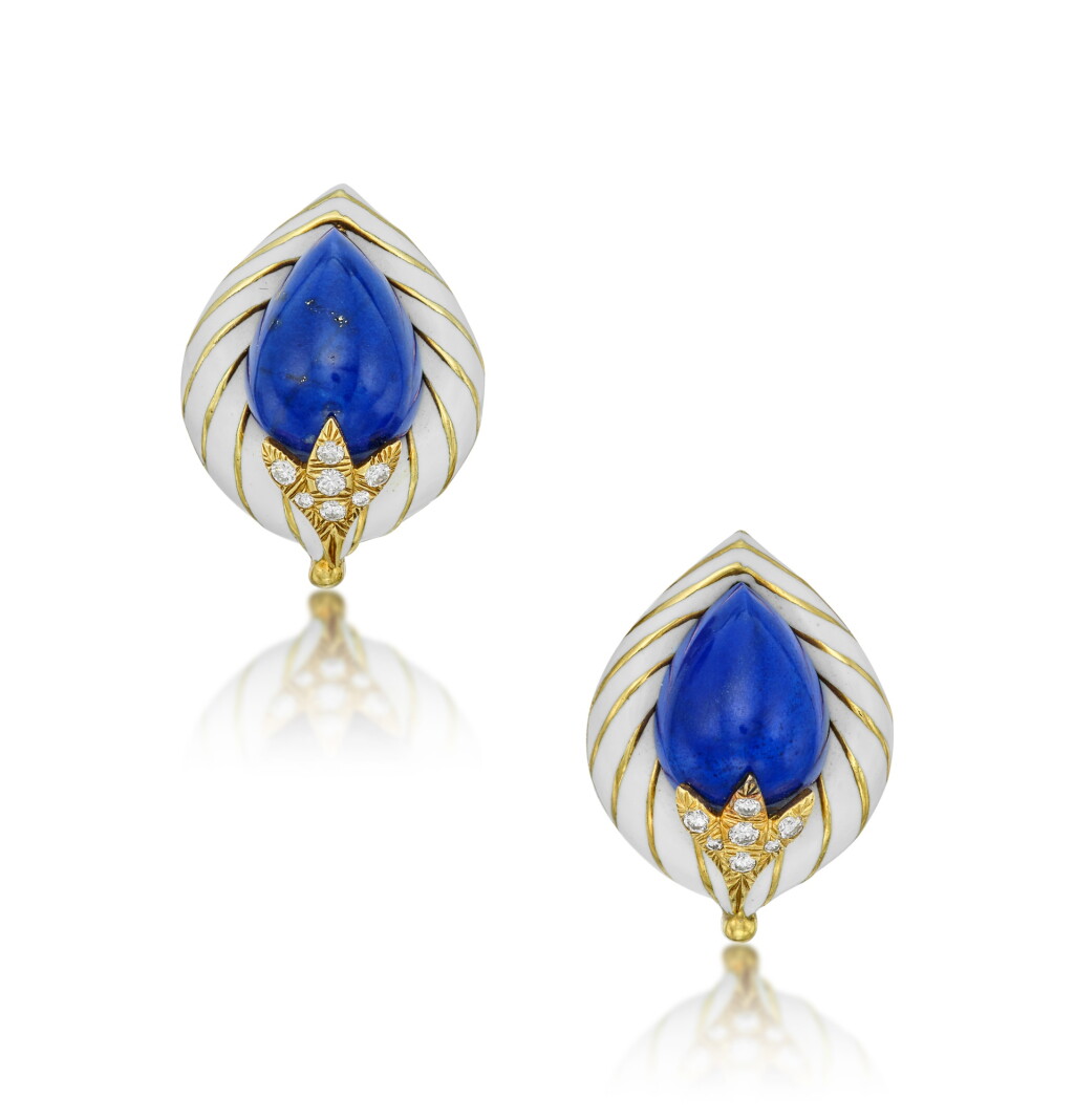 View full screen - View 1 of Lot 185. Pair of Gold, Lapis Lazuli, Enamel and Diamond Earclips.