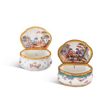 View full screen - View 1 of Lot 685. Two Berlin porcelain snuff boxes, with gilt- metal mounts, circa 1770.