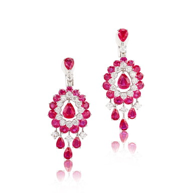 View full screen - View 1 of Lot 1759. PAIR OF RUBY AND DIAMOND PENDANT EARRINGS | 格拉夫 | 紅寶石 配 鑽石 耳墜一對.