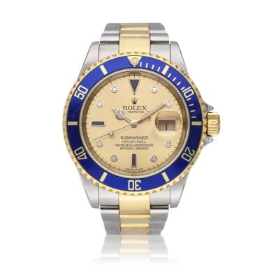 View full screen - View 1 of Lot 236. Reference 16613 T Submariner 'Serti' | A yellow gold and stainless steel wristwatch with date, bracelet and diamond and sapphire-set indexes, Circa 2003.