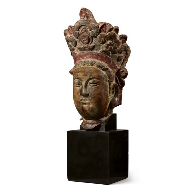 View full screen - View 1 of Lot 247. A polychrome limestone head of a crowned bodhisattva, Liao dynasty | 遼 石灰石雕加彩菩薩首像.