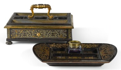 View full screen - View 1 of Lot 113. TWO REGENCY BRASS INLAID EBONY VENEERED INKSTANDS, CIRCA 1820.