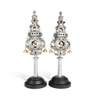 View full screen - View 1 of Lot 165. An Important Pair of Early Dutch Silver Torah Finials, Maker's Mark H, Amsterdam, 1659.