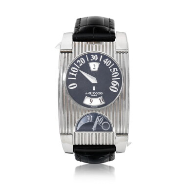View full screen - View 1 of Lot 9293. de Grisogono | FG ONE, A stainless steel jumping hour and dual time zone wristwatch with retrograde seconds and minutes, Circa 2018 | FG ONE 精鋼跳時及兩地時間腕錶,備逆跳秒及分,約2018年製.