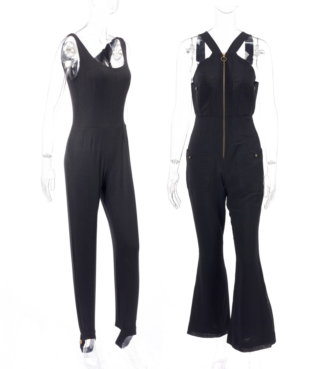 View full screen - View 1 of Lot 96. GREY STIRRUP JUMPSUIT AND BLACK WIDE-LEG SHAPE JUMPSUIT, CHANEL.