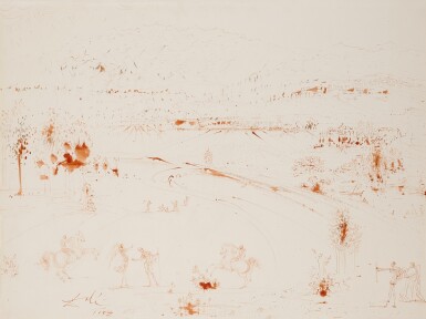 View full screen - View 1 of Lot 8. Vue de Toléde, ange, deux cavaliers et personnoges dans un paysage montagneux.