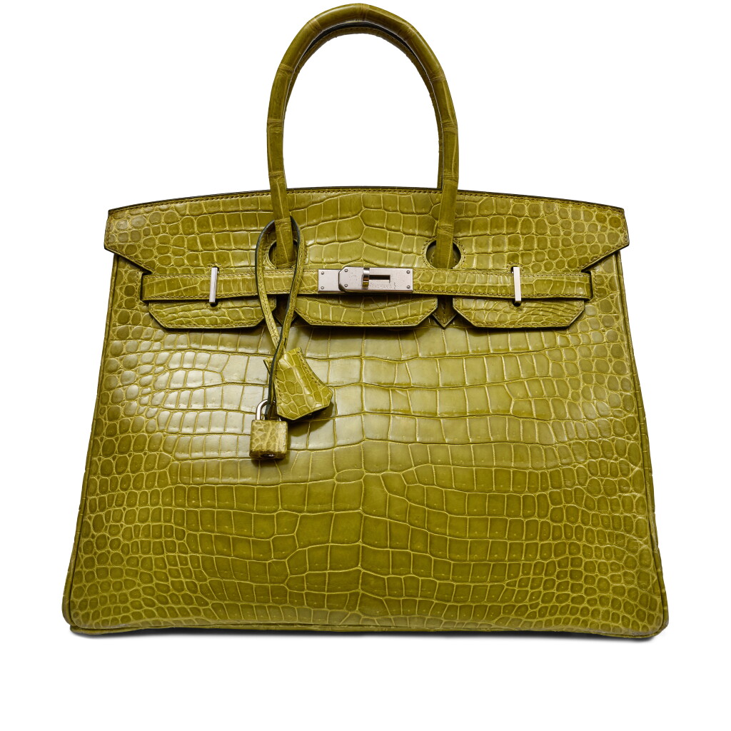 View full screen - View 1 of Lot 73. Vert Anis Shiny Porosus Crocodile Birkin 35 Palladium Hardware, 2005.