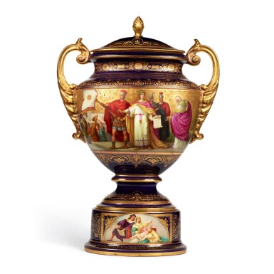 View full screen - View 1 of Lot 235. A large Vienna-style Porcelain vase and cover on stand, Late 19th Century .