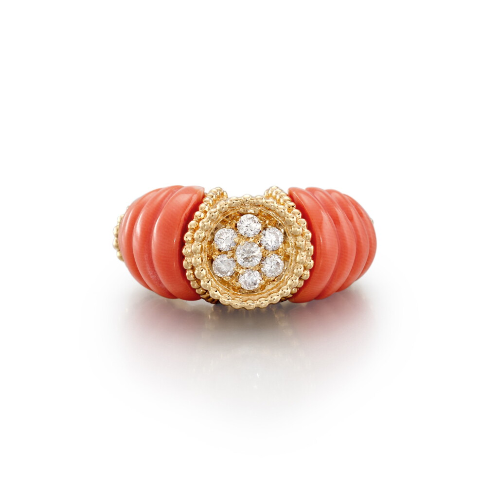 View full screen - View 1 of Lot 2803. Coral and Diamond Ring | 珊瑚 配 鑽石 戒指.