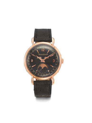View full screen - View 1 of Lot 114. JAEGER-LECOULTRE | A PINK GOLD TRIPLE CALENDAR WRISTWATCH WITH MOON PHASES CIRCA 1945.