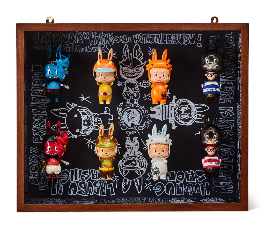 View full screen - View 1 of Lot 19. Labubu Limited Set of Eight Figurines in Artist's Illustrated Display Cabinet | Labubu 限量手板模型一組八件(龍家昇手繪陳列櫃).