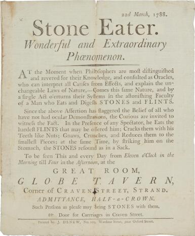 View full screen - View 1 of Lot 570. (Stone Eater) | "A Man who Eats and Digests Stones and Flints" .