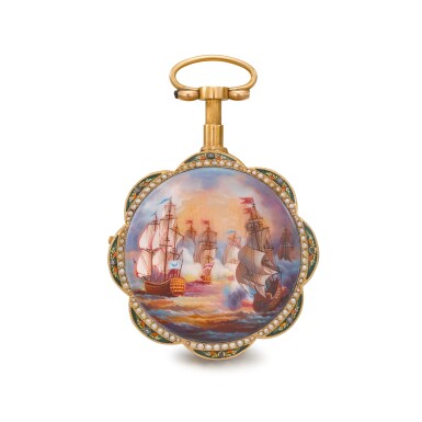 View full screen - View 1 of Lot 1349. A gold, enamel and pearl-set verge watch quarter repeating on a bell or à toc made for the Ottoman market Circa 1790.