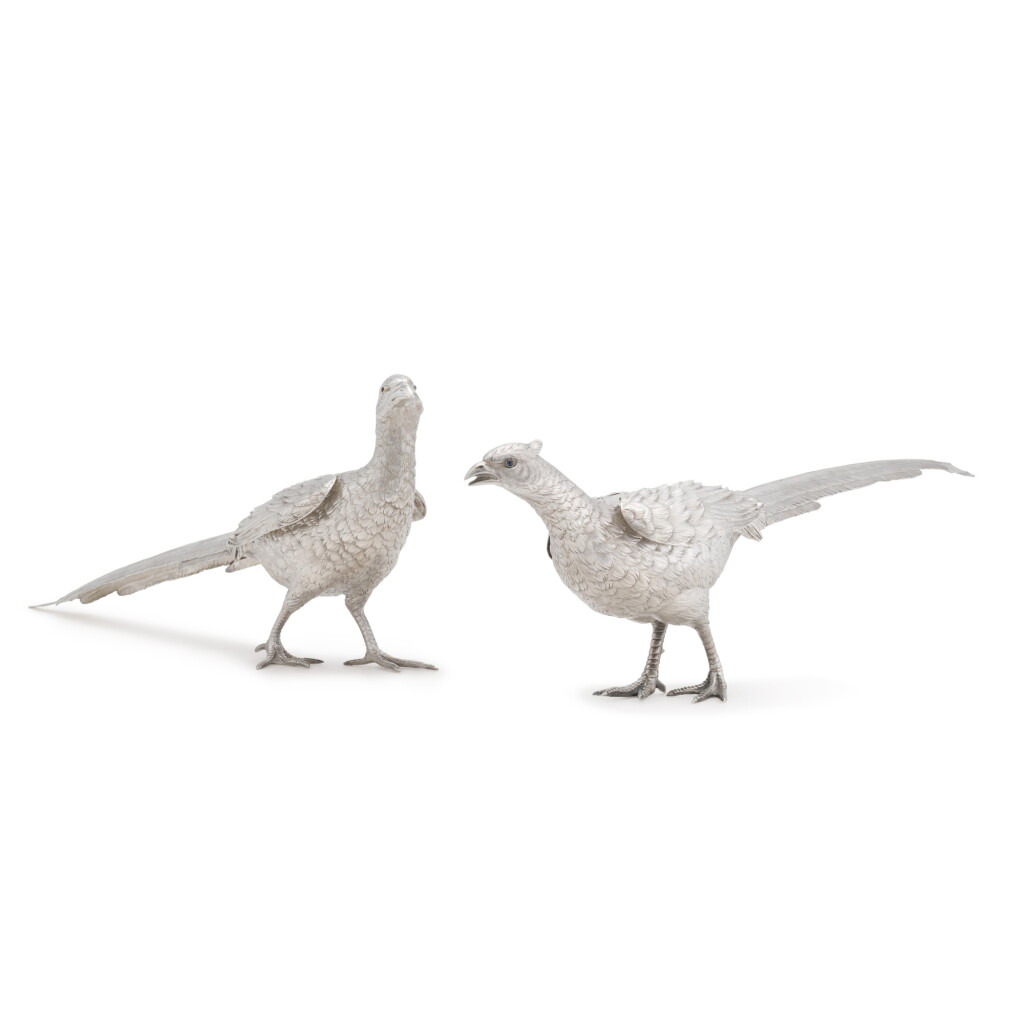 View full screen - View 1 of Lot 52. A large pair of French silver pheasants, Maison Eschwège, Paris, 20th century.