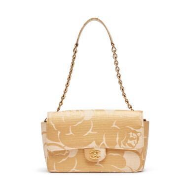View full screen - View 1 of Lot 8504. Beige Camellia Medium Single Flap Bag in Raffia with Gold tone Hardware, 2003-04.