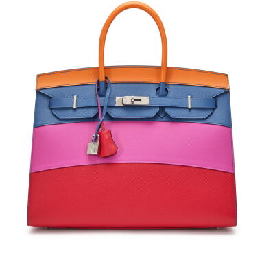 View full screen - View 1 of Lot 20. Limited Edition Apricot, Bleu Agate, Magnolia and Rouge Casaque Epsom Sunset Rainbow Birkin 35 Sellier Palladium Hardware, 2022.