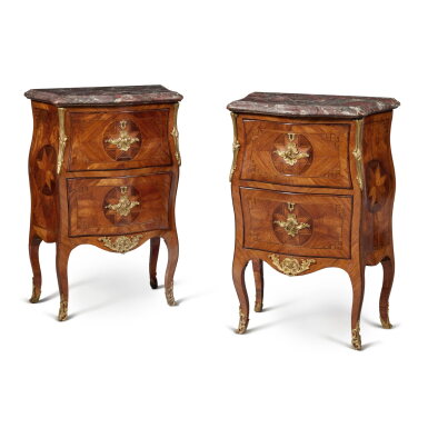 View full screen - View 1 of Lot 529. A Pair of Italian Rococo Gilt-Bronze Mounted Fruitwood and Amaranth Parquetry Commodini, Circa 1760.
