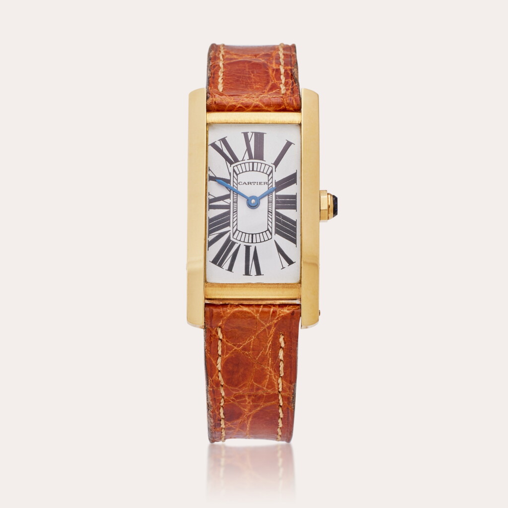 View full screen - View 1 of Lot 75. Tank Cintrée | A yellow gold rectangular wristwatch, Circa 1975.