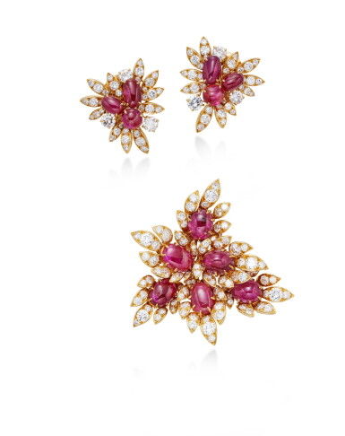 View full screen - View 1 of Lot 1880. Ruby and Diamond Brooch and Pair of Ear Clips | 梵克雅寶 | 紅寶石 配 鑽石 胸針 及 耳夾一對.