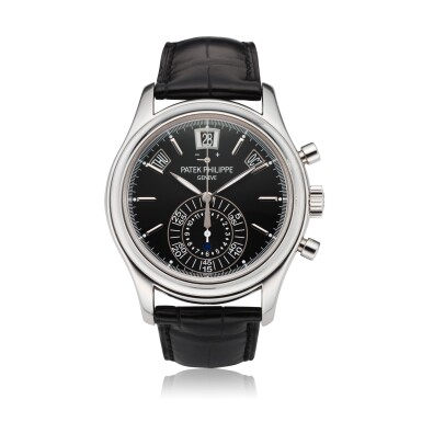 View full screen - View 1 of Lot 144. Reference 5960P, A platinum automatic annual calendar fly back chronograph wristwatch with power reserve and day/night indication, Circa 2016 百達翡麗 5960P 型號鉑金自動上鏈年曆飛返計時腕錶備動力儲存及晝夜顯示,約2016年製.