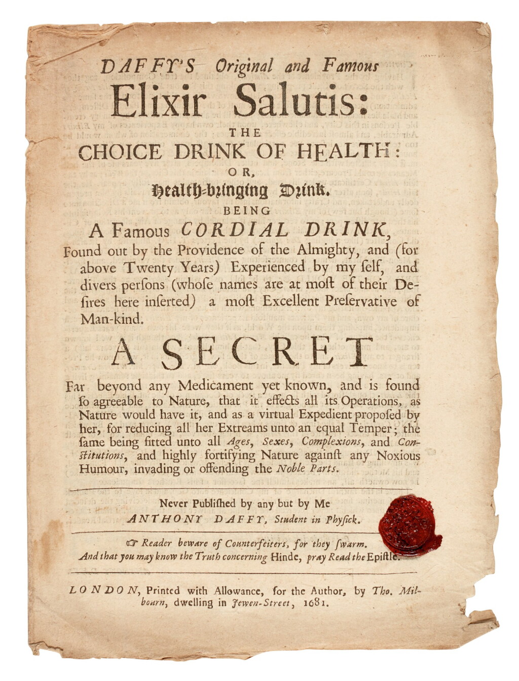 View full screen - View 1 of Lot 22. DAFFY | Elixir Salutis, 1681, 2 pamphlets.