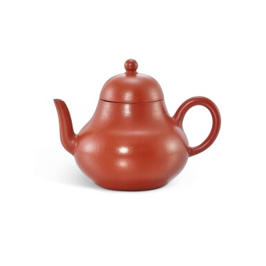 View full screen - View 1 of Lot 453. An inscribed Yixing red stoneware Replica Belts iting' teapot, Qing dynasty, 18th - 19th century 清十八至十九世紀 宜興朱泥思亭茶壺 《思亭》《水平》款.
