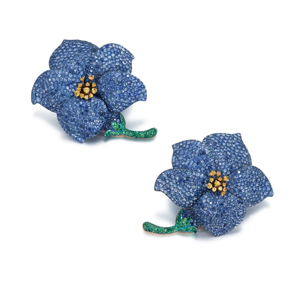View full screen - View 1 of Lot 567. Pair of sapphire, tsavorite garnet and diamond ear clips.