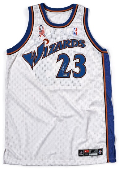 View full screen - View 1 of Lot 1. Michael Jordan Game Worn, and Signed, 2001-2002 Washington Wizards Jersey.