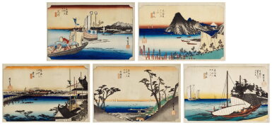View full screen - View 1 of Lot 34. Utagawa Hiroshige (1797-1858) | Five woodblock prints from the series Fifty-three Stations of the Tokaido (Tokaido gojusan tsugi no uchi), also known as the First Tokaido or Great Tokaido | Edo period, 19th century.