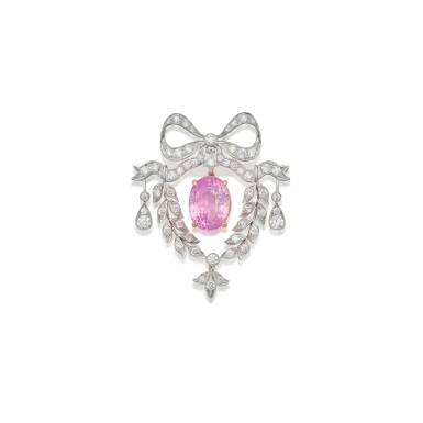 View full screen - View 1 of Lot 483. Pink Sapphire and Diamond Brooch.