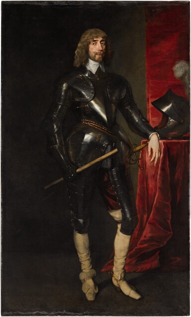 View full screen - View 1 of Lot 26. Portrait of George Hay, 2nd Earl of Kinnoull (circa 1595–1644), full-length, wearing armour, and holding a baton in his right hand, his left resting on a table with a red cloth, upon which is his helmet | 《喬治・黑伊,金諾伯爵二世(約1595-1644年)身披鎧甲、右手持棍、左手搭在桌邊的全身肖像,桌上鋪紅色桌布並擺放頭盔》.