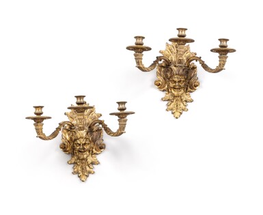 View full screen - View 1 of Lot 188. A pair of gilt-bronze three-light "satyre" wall lights, Louis XVI style, 19th century | Paire d'appliques "au satyre" en bronze doré à trois lumières de style Louis XIV, XIXe siècle.