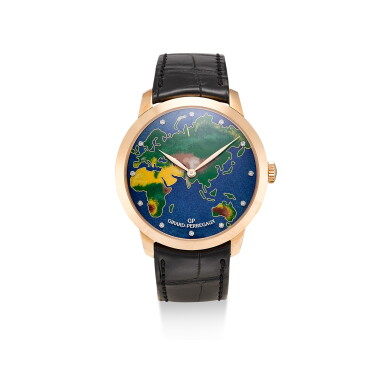 View full screen - View 1 of Lot 515. GIRARD-PERREGAUX | A LIMITED EDITION PINK GOLD AND DIAMOND-SET WRISTWATCH WITH CLOISONNÉ ENAMEL DIAL, CIRCA 2014.