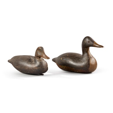 View full screen - View 1 of Lot 47. Two American Carved and Painted Wooden Black Duck Duck Decoys, Lloyd Parker, Parkertown, New Jersey, Circa 1890.