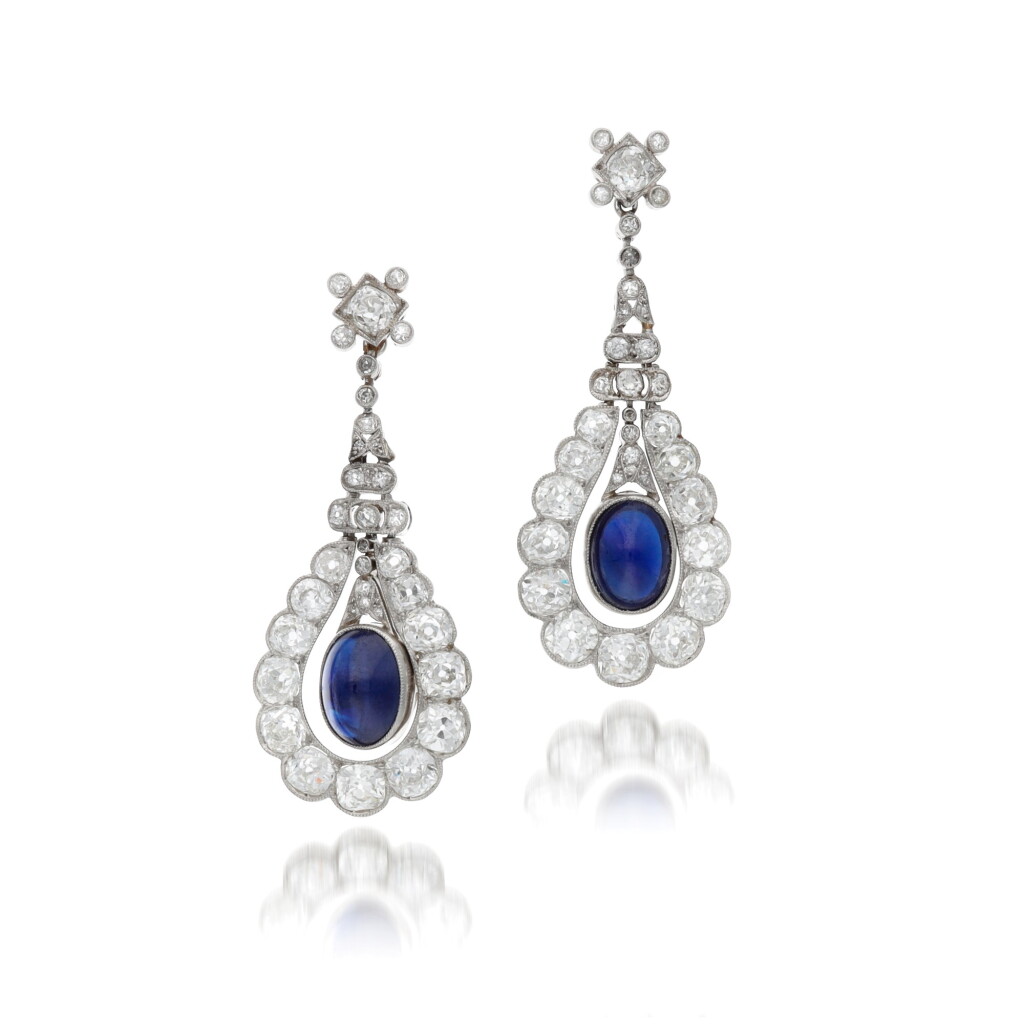 View full screen - View 1 of Lot 381. Pair of sapphire and diamond earrings.