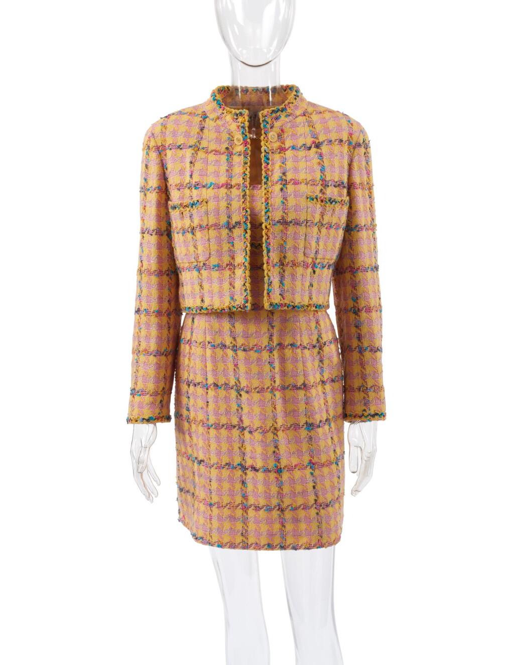 View full screen - View 1 of Lot 106. CHANEL | COTTON-BLEND MULTICOLORED CHECK JACKET AND DRESS .