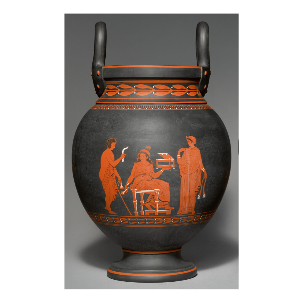View full screen - View 1 of Lot 132. A WEDGWOOD BLACK BASALT 'ENCAUSTIC'-DECORATED TWO-HANDLED VASE, COVER AND PIERCED COVER LATE 18TH CENTURY .