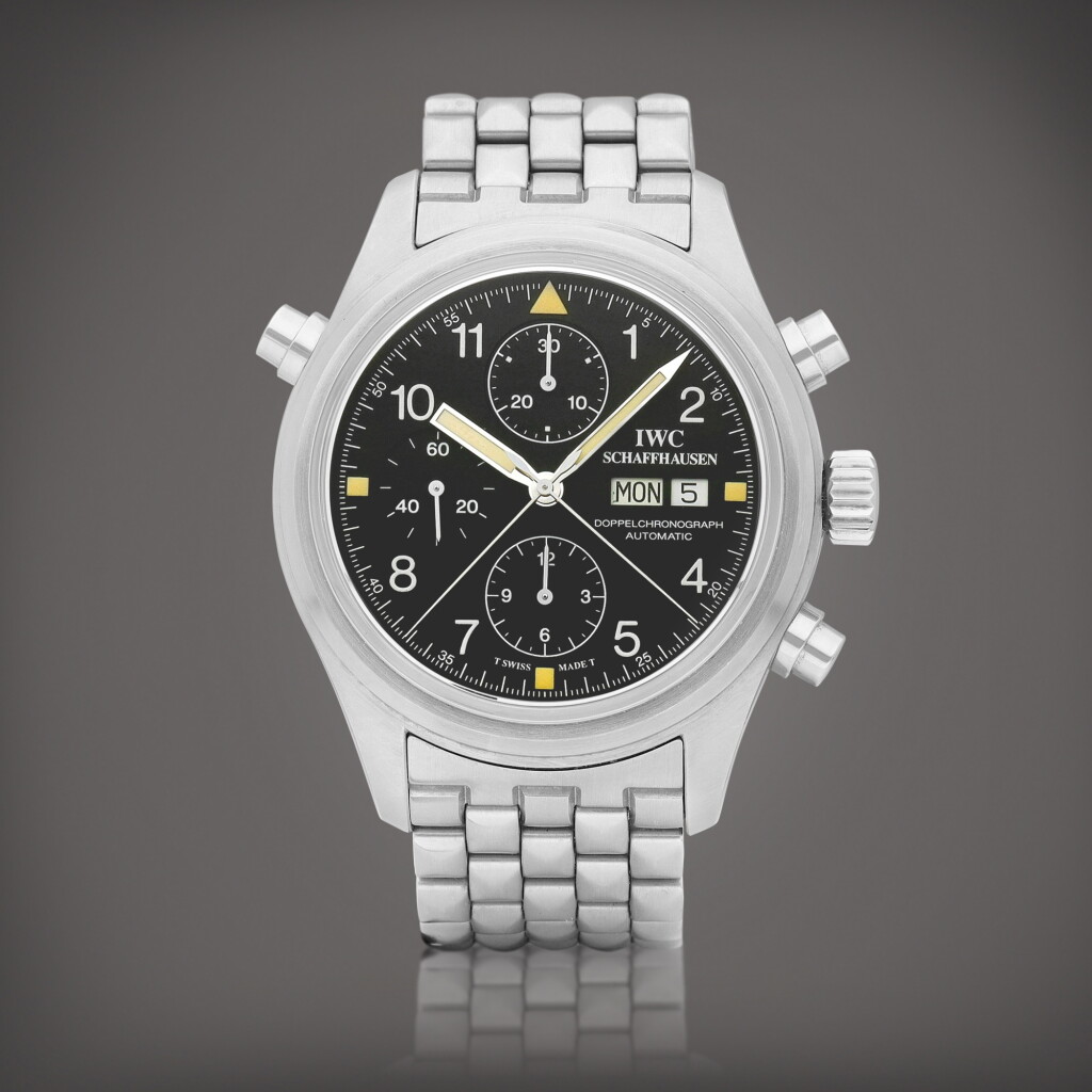 View full screen - View 1 of Lot 8882. Doppel Chronograph, Reference 3711 | A stainless steel split seconds chronograph wristwatch with day, date and bracelet, Circa 1992 | 萬國 | Doppel Chronograph 型號 3711 | 精鋼追針計時鏈帶腕錶,備日期及星期顯示,約1992年製.