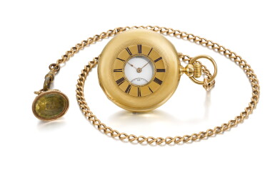 View full screen - View 1 of Lot 201. YELLOW GOLD HALF HUNTING CASED KEYLESS WATCH NO. 4969, MADE IN 1866.