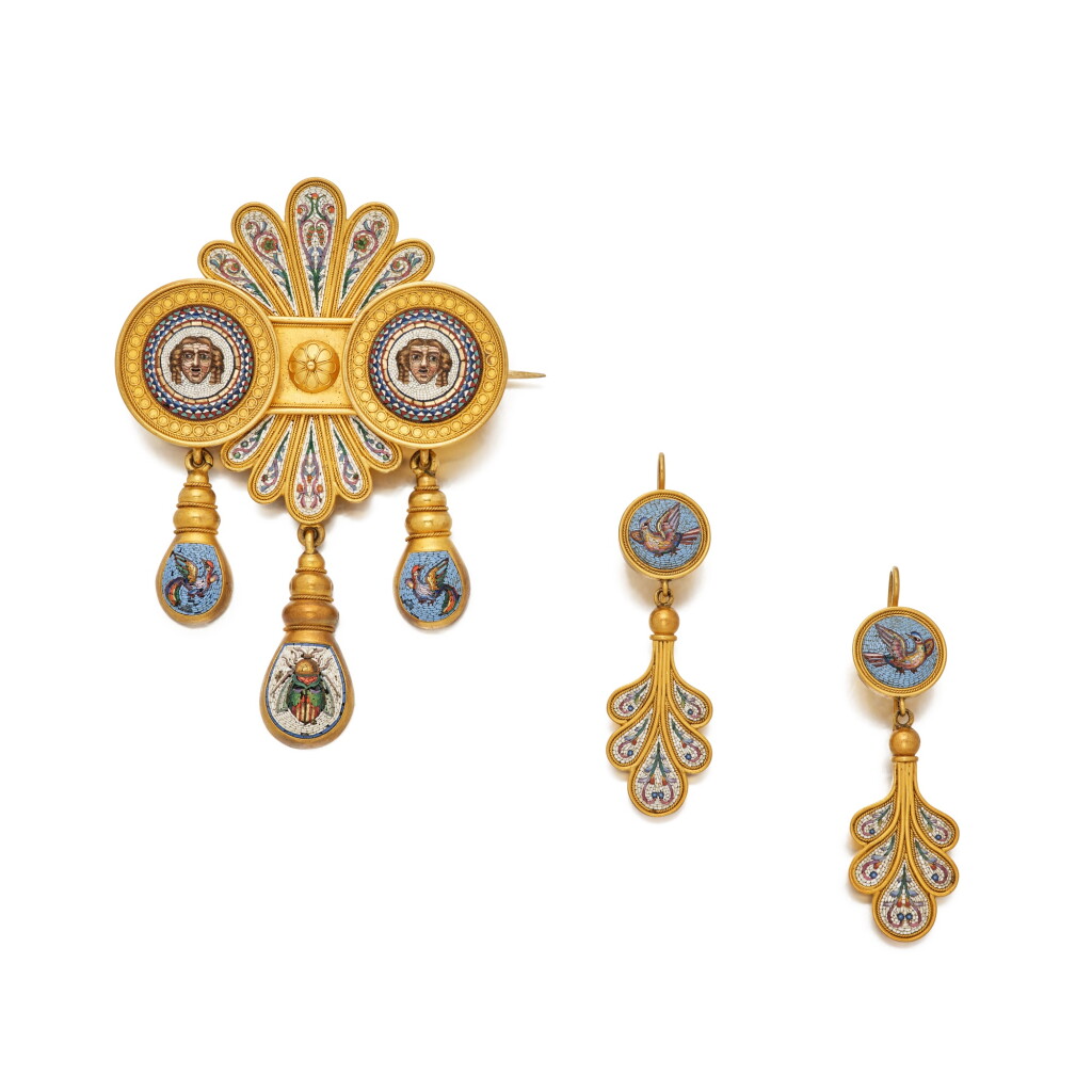 View full screen - View 1 of Lot 131. Gold and Micromosaic Brooch and Pair of Earrings, Retailed by Tiffany & Co..