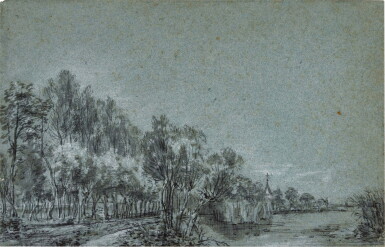 View full screen - View 1 of Lot 219. SIMON JACOBSZ. DE VLIEGER | WOODED RIVER BANK, WITH A CHURCH IN THE DISTANCE.