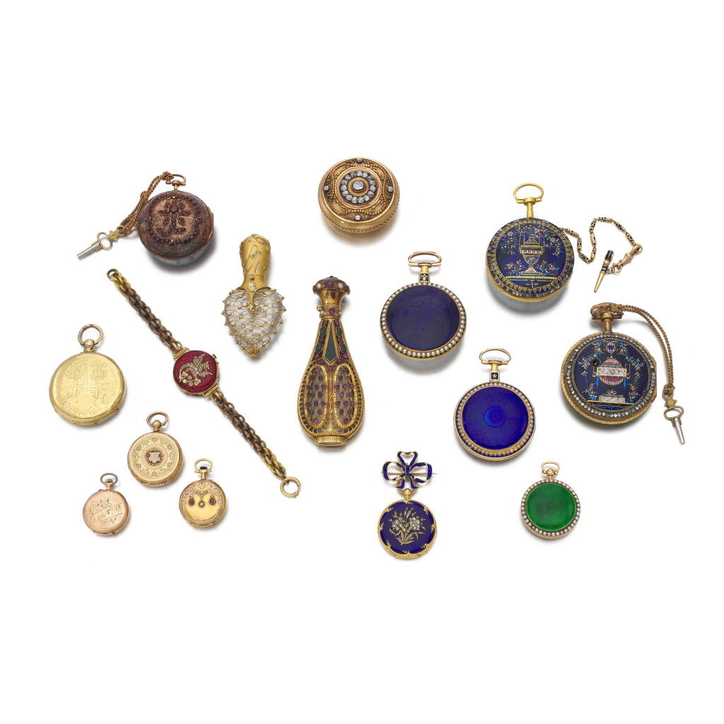 View full screen - View 1 of Lot 8. Collection of pocket watches and two scent bottles | Collezione di orologi da tasca e due bottigliette porta profumo.