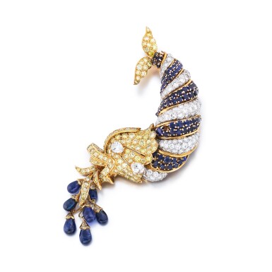 View full screen - View 1 of Lot 35. Sapphire and diamond brooch | Broche saphirs et diamants.